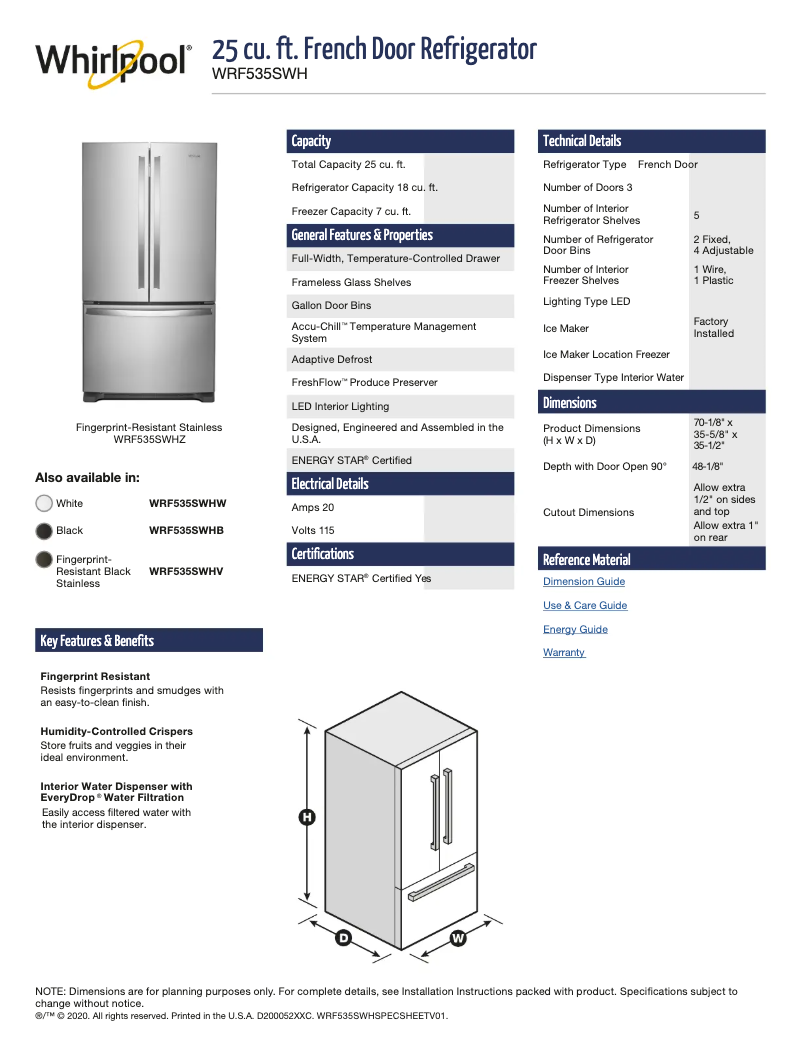 Página 1 del manual Ficha técnica Whirlpool WRF535SWHV