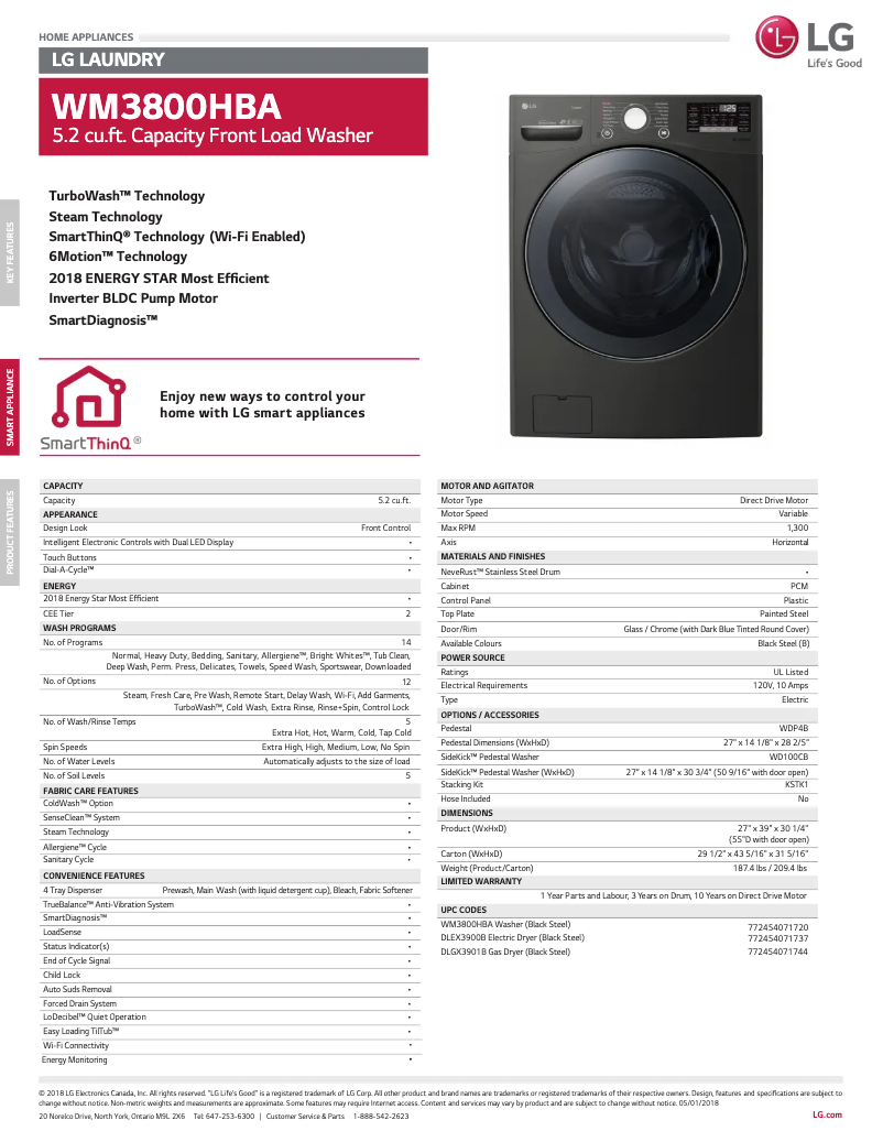 Page 1 de la notice Fiche technique LG WM3800HBA