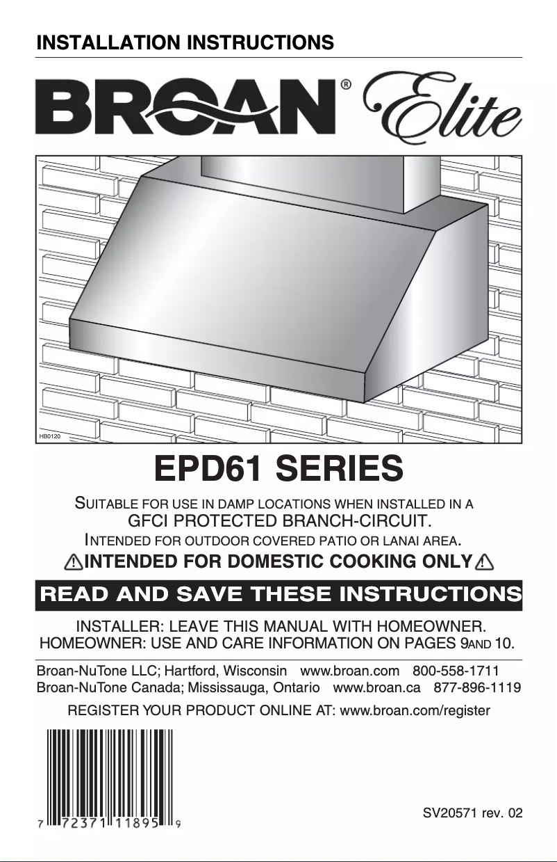 Page n°1 - Guide d'installation Broan EPD6136SS