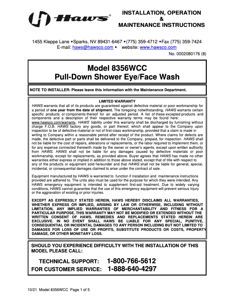 Page 1 de la notice Manuel utilisateur Haws 8356WCC