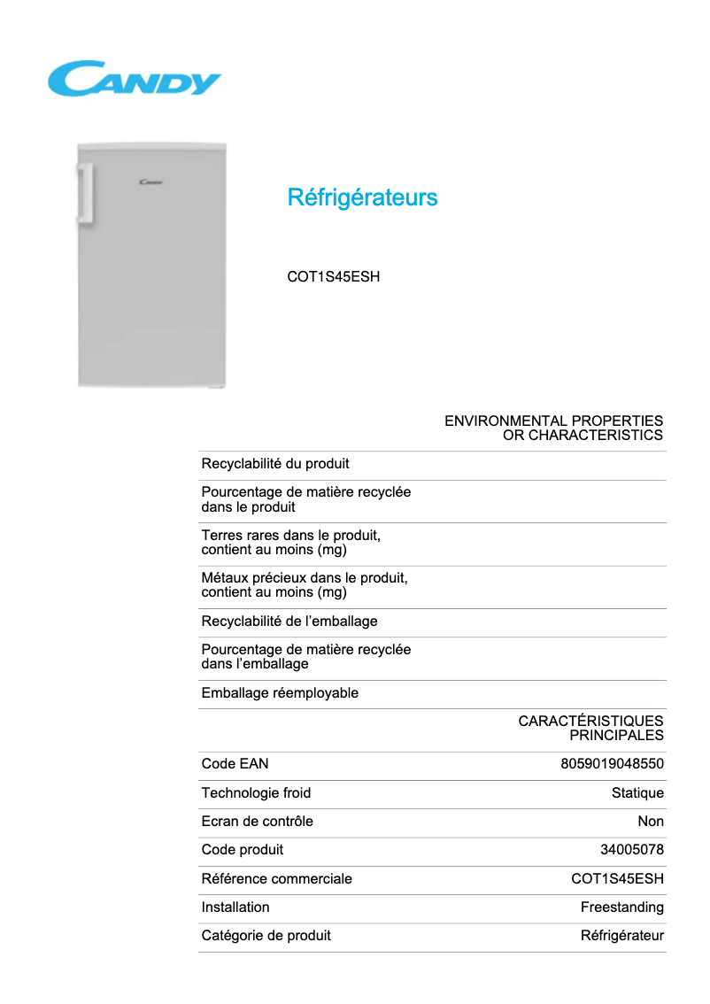 Image de la première page du manuel de l'appareil COT1S45ESH