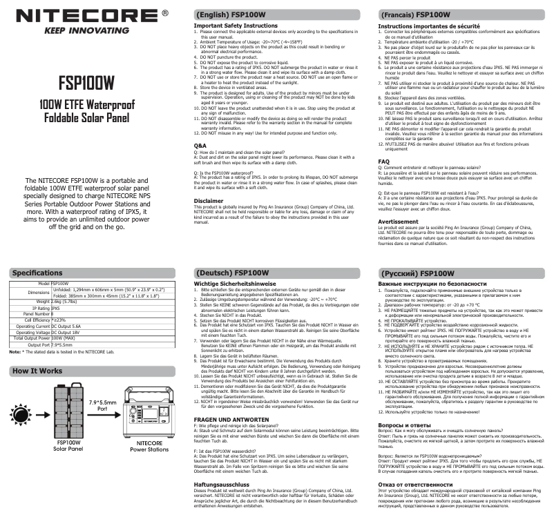 Page 1 de la notice Manuel utilisateur Nitecore FSP100W