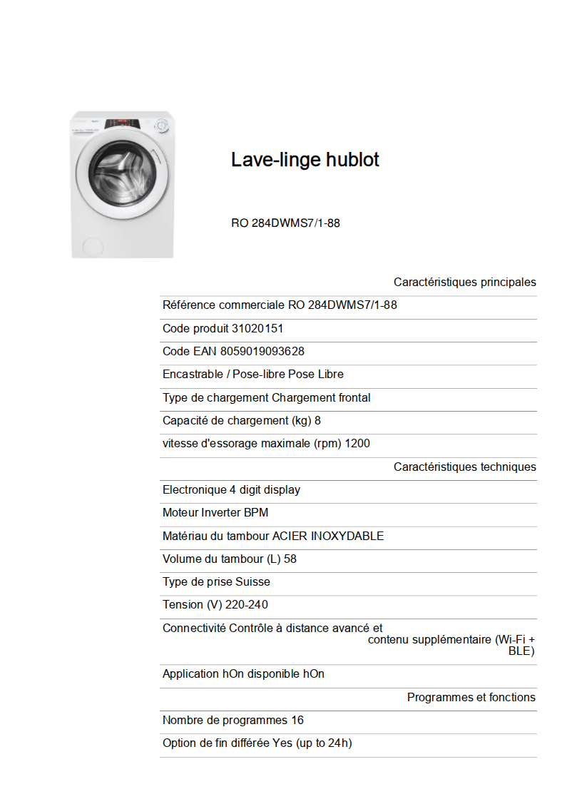 Page 1 de la notice Fiche technique Candy RO 284DWMS7/1-88