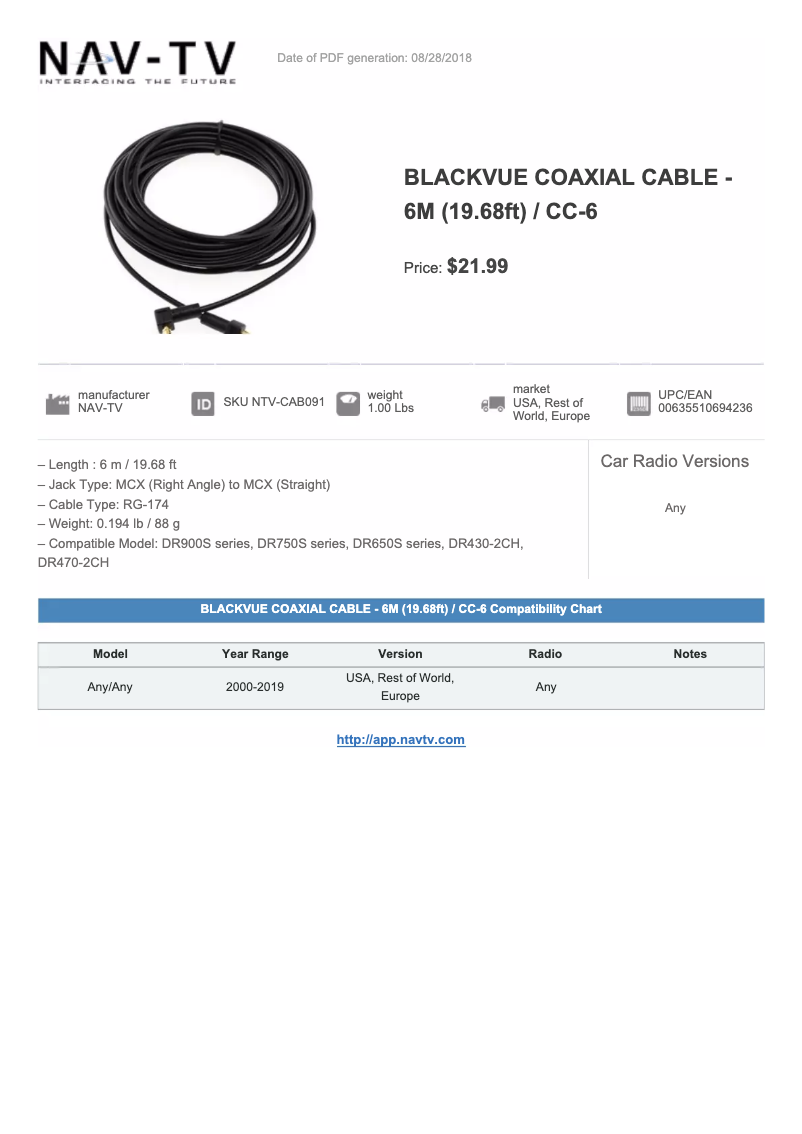 Page n°1 - Manuel utilisateur NAV-TV Blackvue NTV-CAB091
