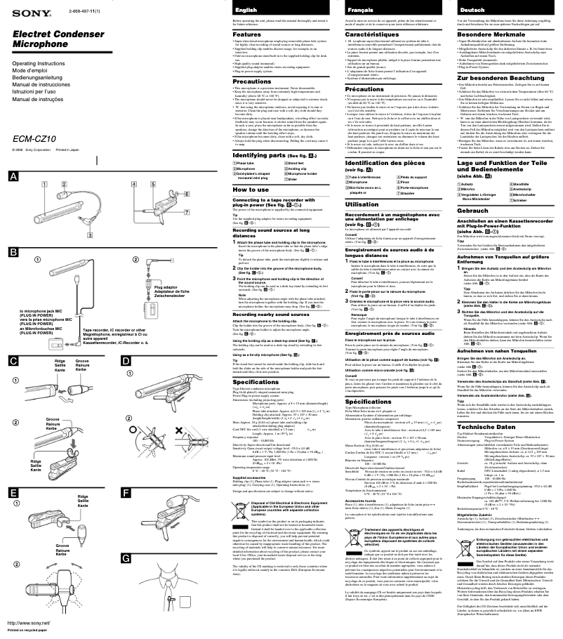 Page 1 de la notice Manuel utilisateur Sony ECM-CZ10