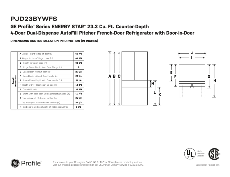 Page n°1 - Fiche technique GE PJD23BYWFS
