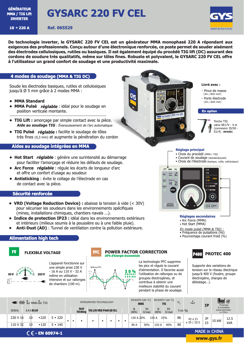 Page 1 de la notice Fiche technique GYS Gysarc 220 FV CEL