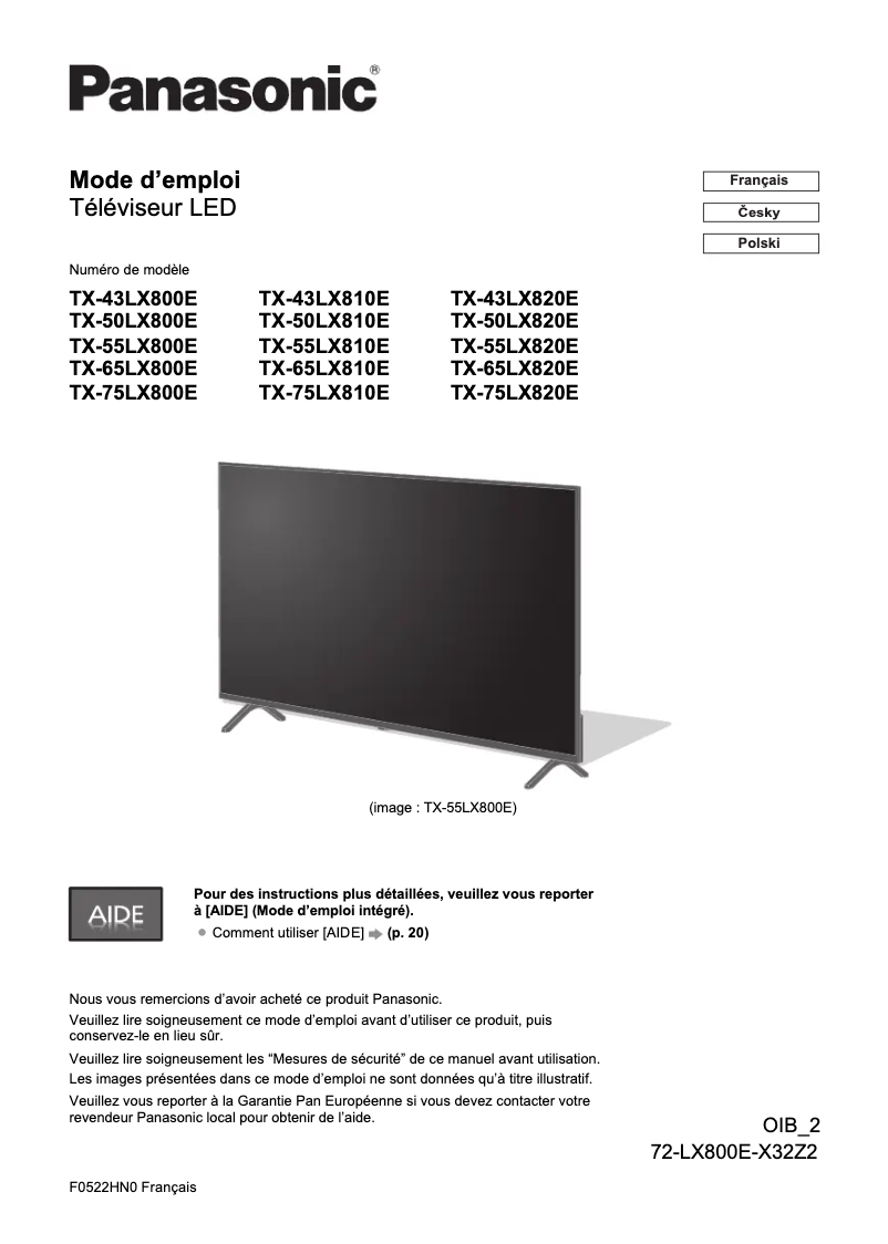 Image de la première page du manuel de l'appareil TX-75LX820E