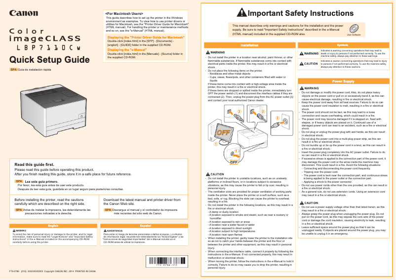 Image de la première page du manuel de l'appareil imageCLASS LBP7110CW