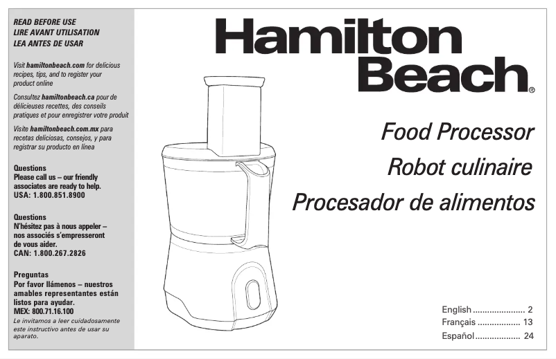 Page 1 de la notice Manuel d'utilisation et d'entretien Hamilton Beach 70760