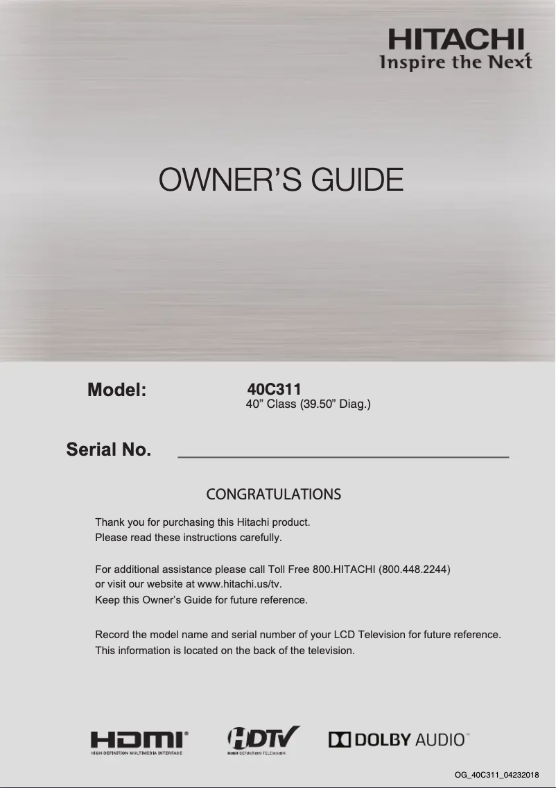 Page n°1 - Manuel utilisateur Hitachi 40C311