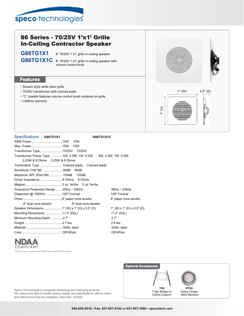 Page 1 de la notice Fiche technique Speco Technologies G86TG1X1