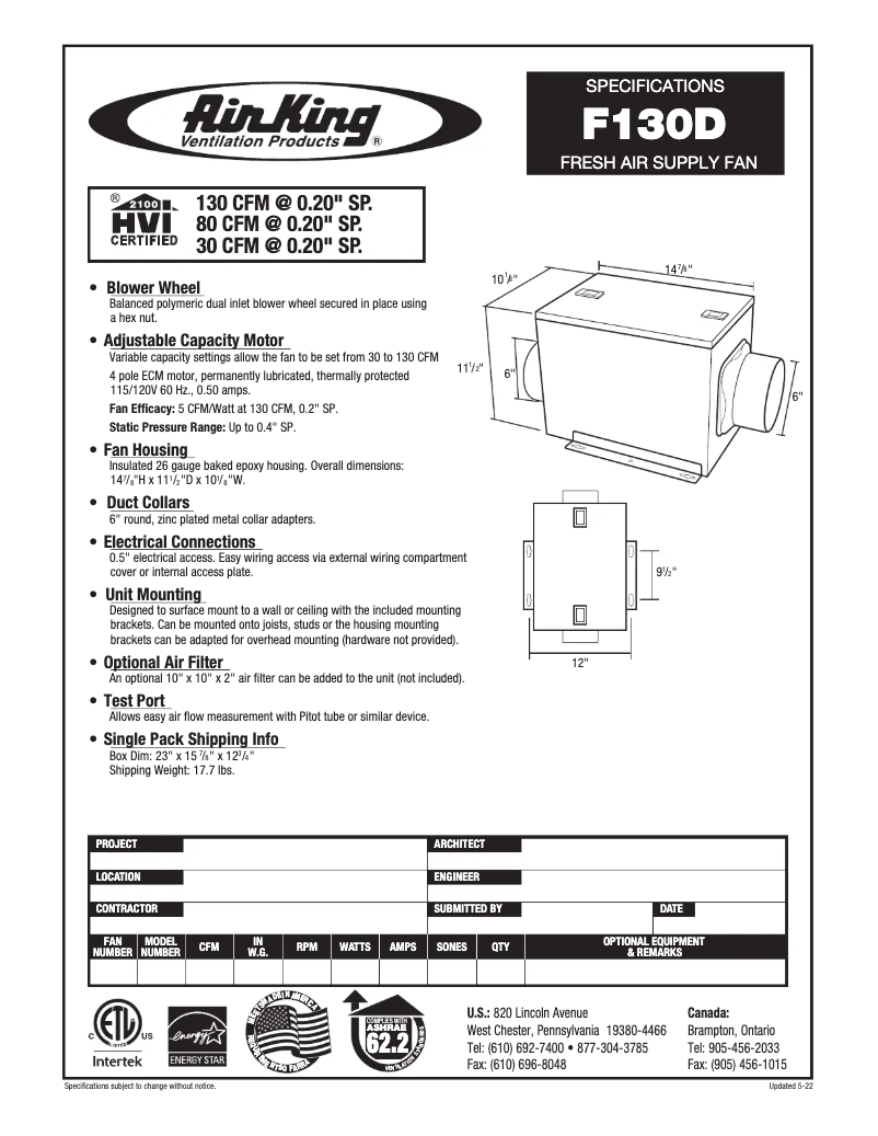 Page n°1 - Fiche technique Air King F130D