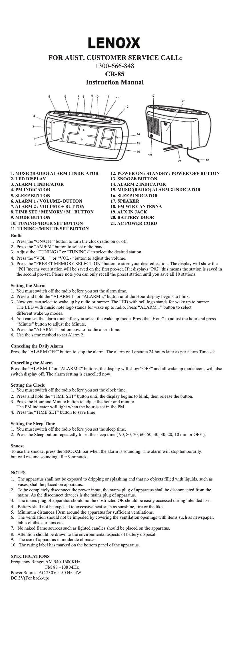 Page 1 de la notice Manuel utilisateur Lenoxx CR-85