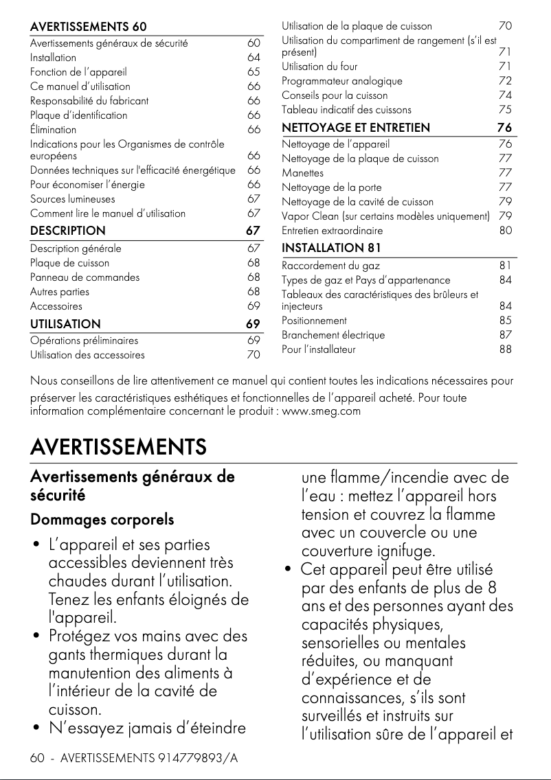 Page 1 de la notice Mode d'emploi Smeg CPF9GMOG1