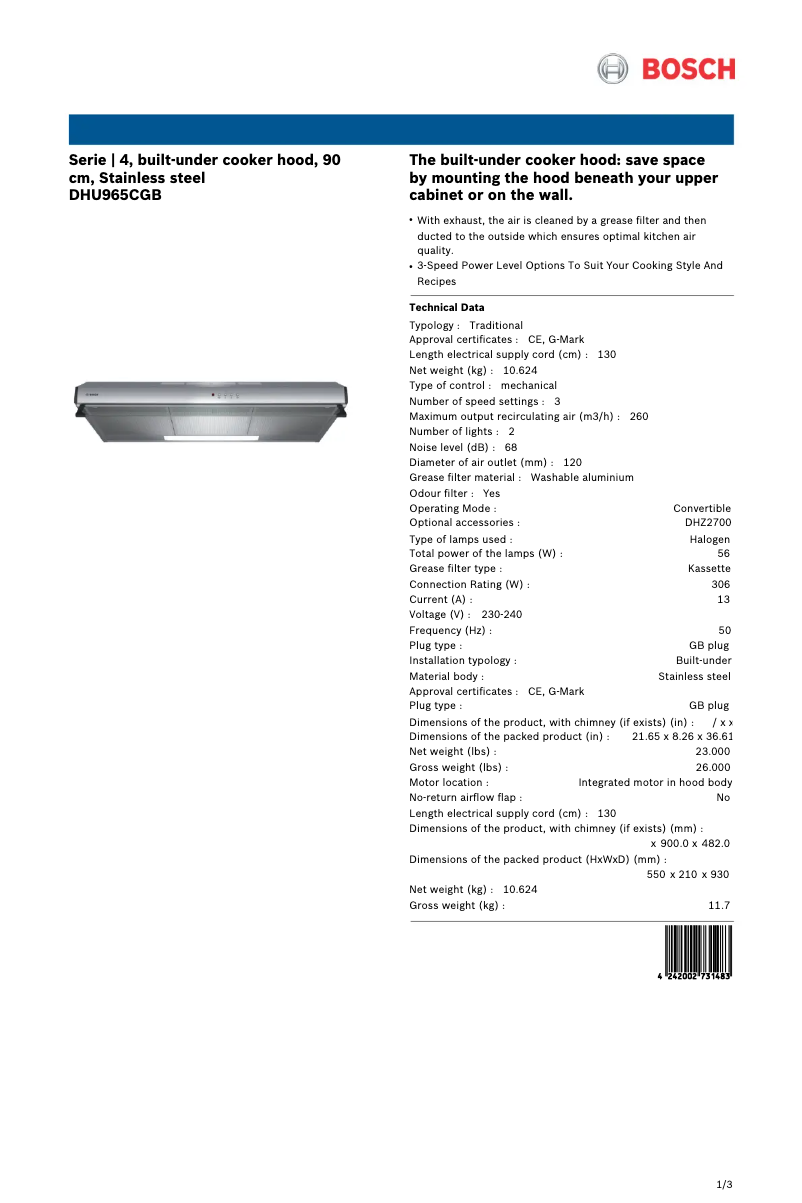 Page 1 de la notice Fiche technique Bosch DHU965CGB