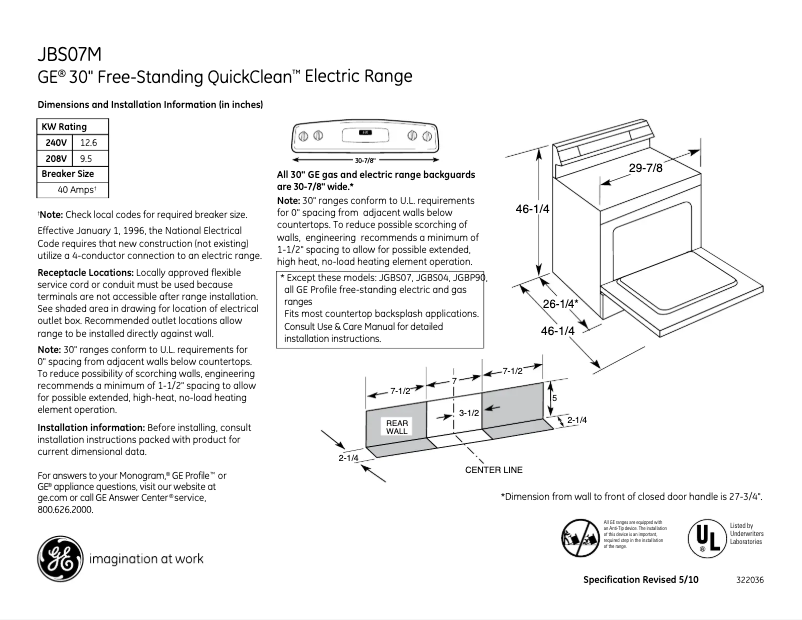 Page 1 of the manual Technical Sheet GE JBS07MBB