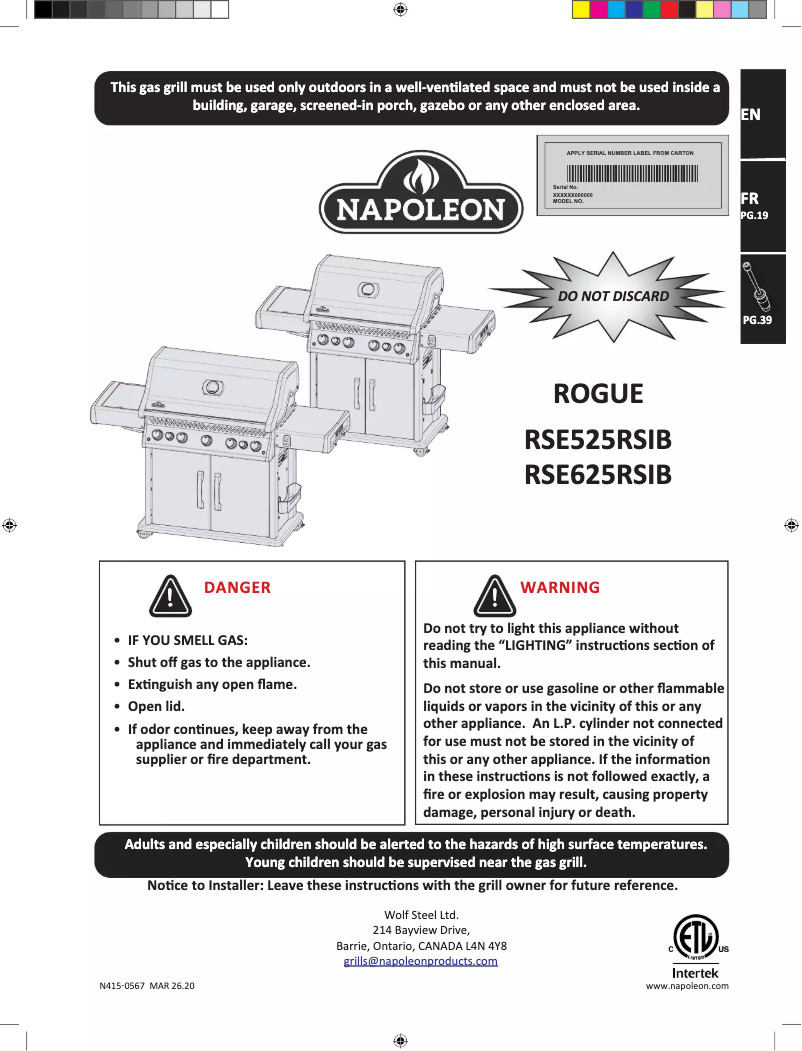 Page 1 de la notice Manuel utilisateur Napoleon Rogue SE 625 RSIB