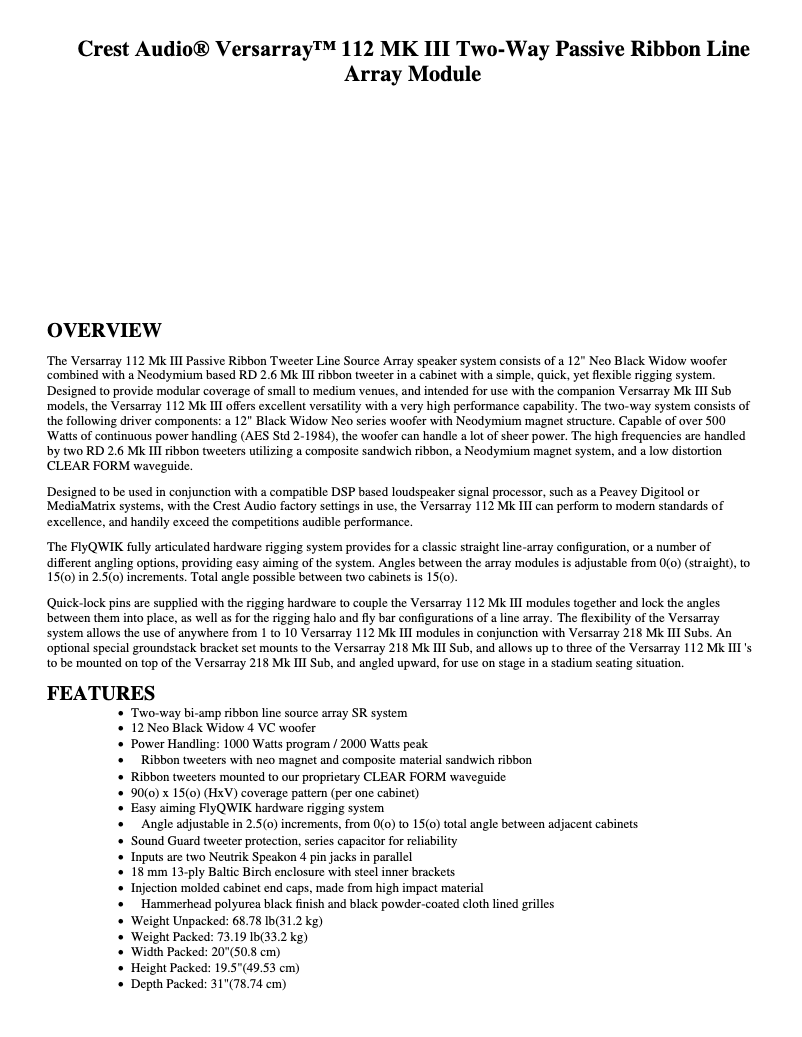 Page 1 de la notice Fiche technique Crest Audio Versarray Pro 218