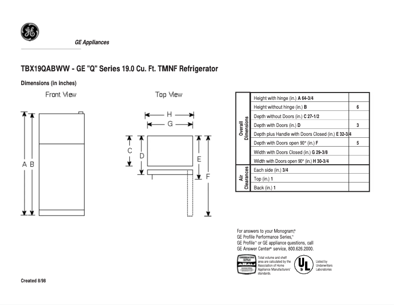 Page n°1 - Fiche technique GE TBX19QABWW