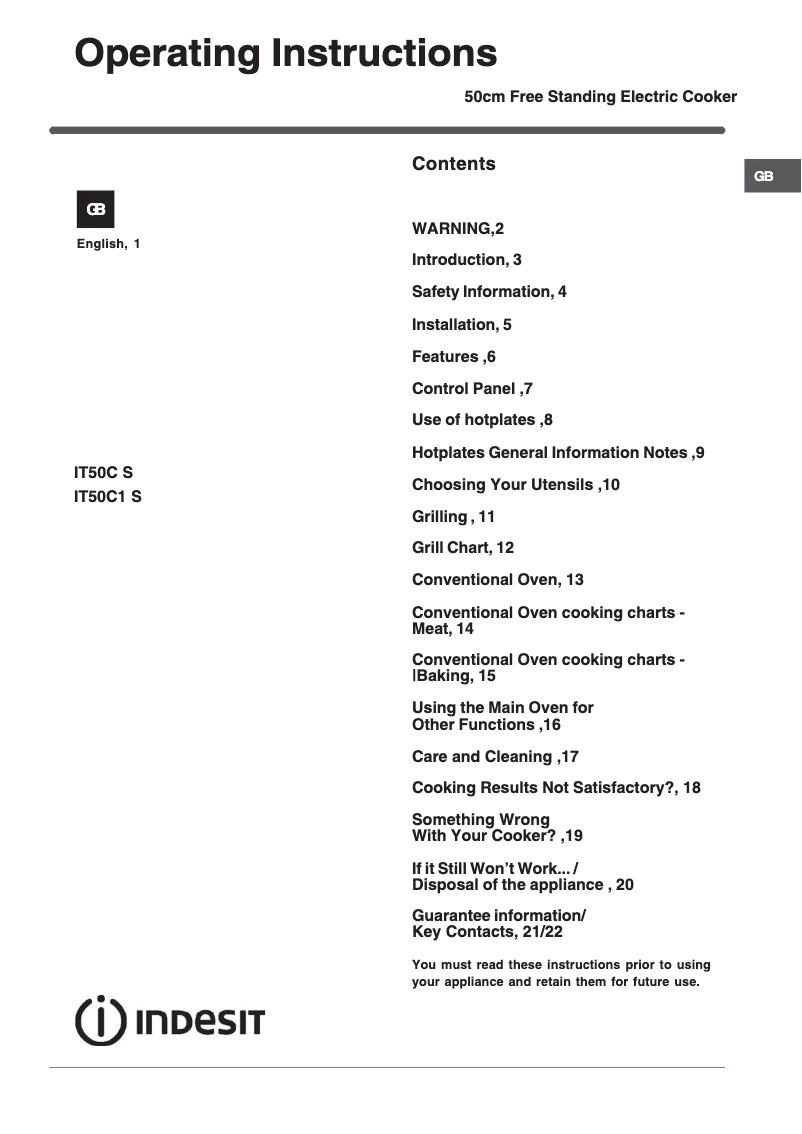 Page n°1 - Mode d'emploi Indesit IT50CW S