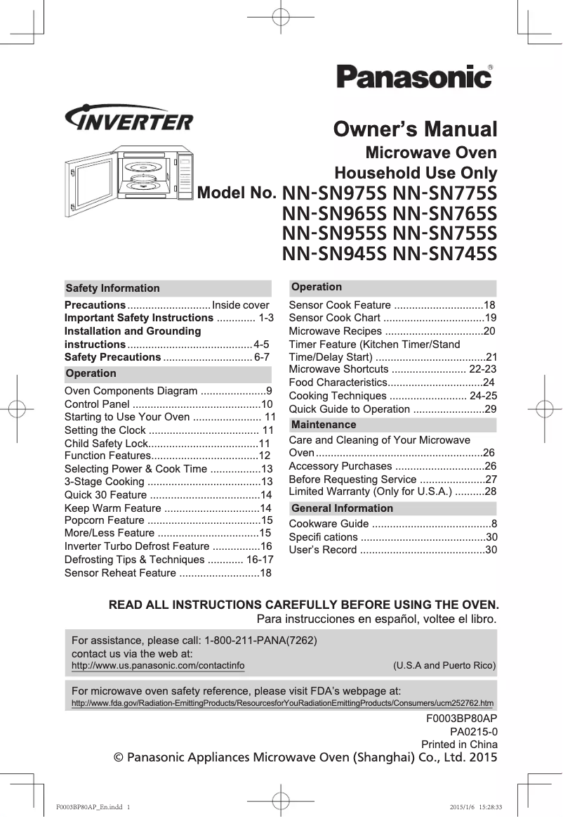 Page n°1 - Manuel utilisateur Panasonic Inverter NN-SN965S