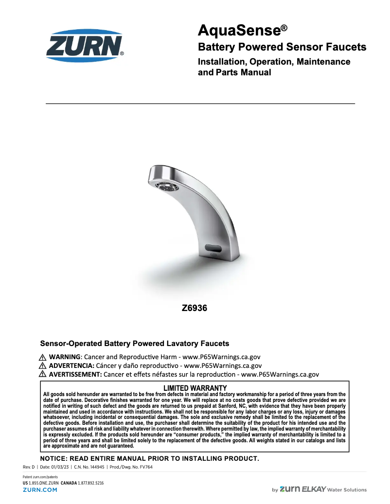 Page n°1 - Manuel utilisateur Zurn AquaSense Z6936