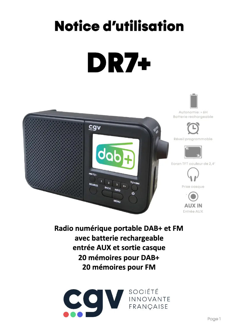 Page 1 de la notice Manuel utilisateur CGV DR7+