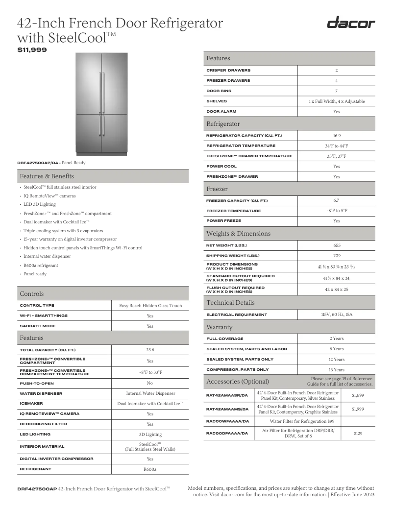 Page 1 de la notice Fiche technique Dacor RAT42AMAASR