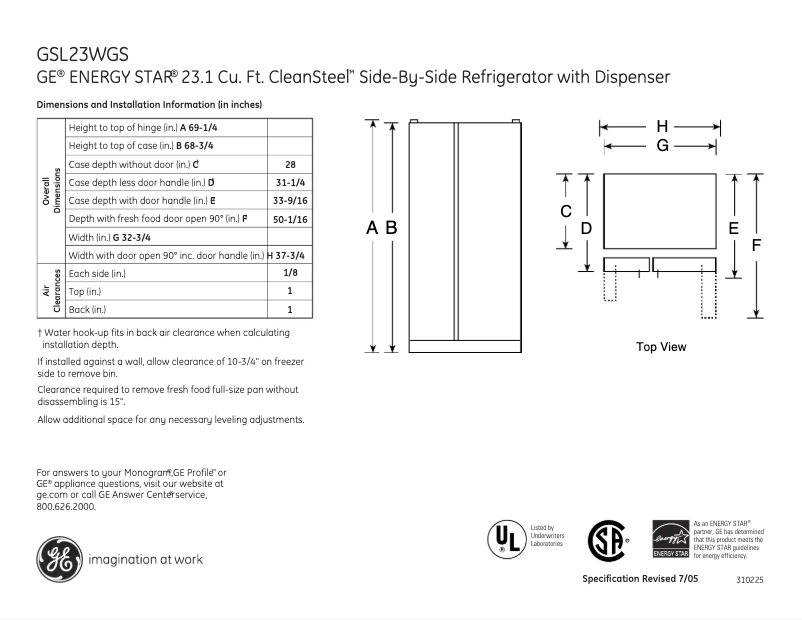 Page 1 de la notice Fiche technique GE GSL23WGSBS