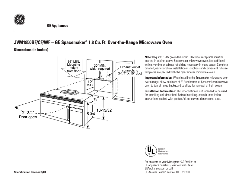 Page n°1 - Fiche technique GE JVM1850WF