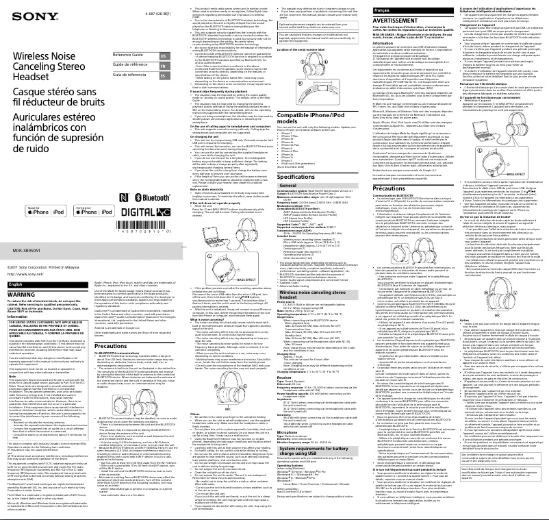 Image de la première page du manuel de l'appareil MDR-XB950N1