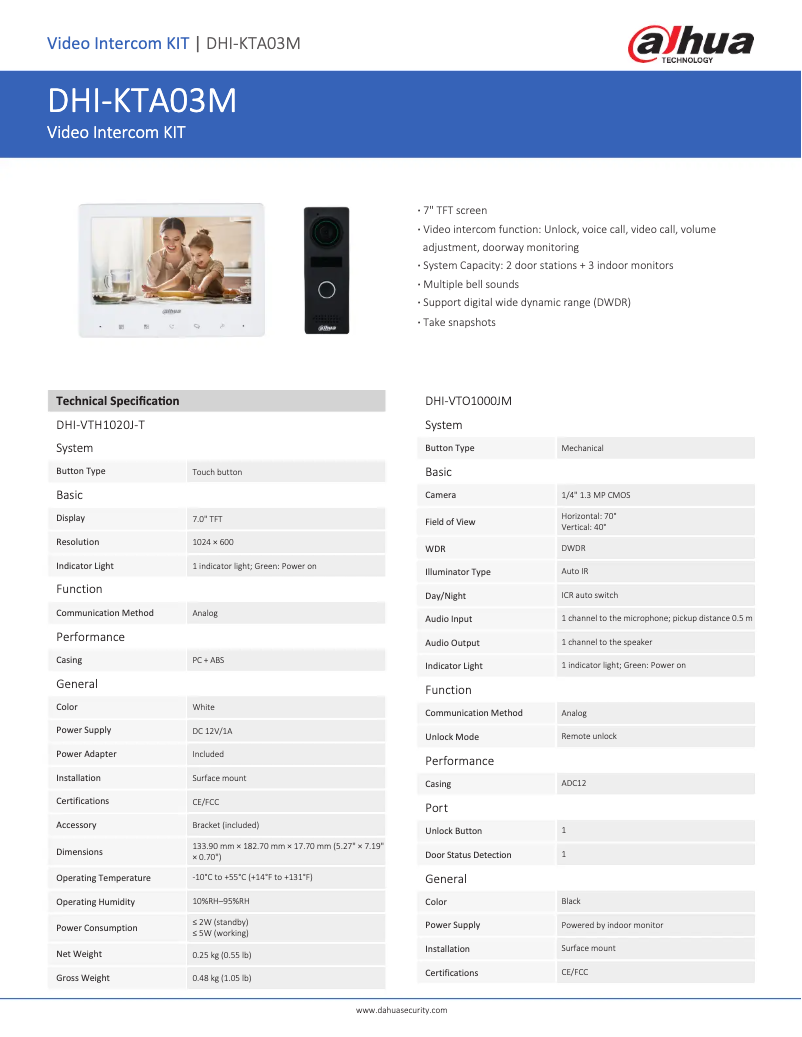 Page 1 de la notice Fiche technique Dahua Technology KTA03M