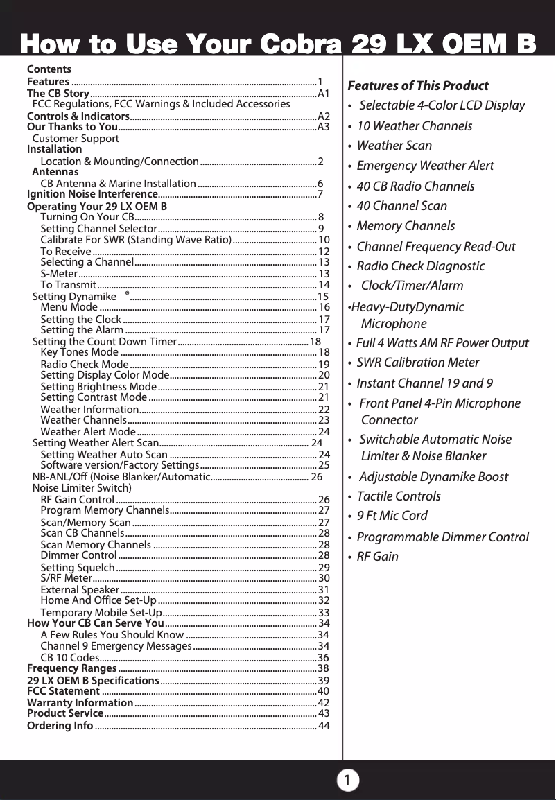 Page 1 de la notice Manuel utilisateur Cobra 29 LX