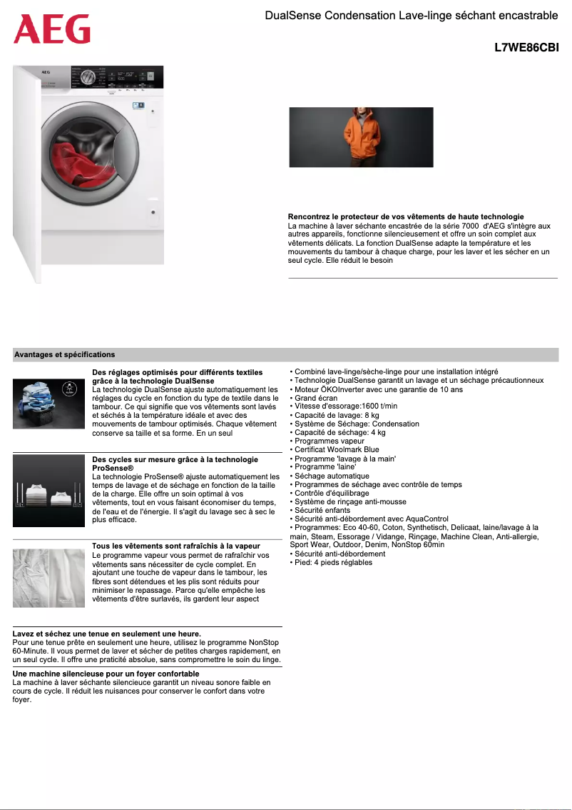Page 1 de la notice Fiche technique AEG L7WE86CBI