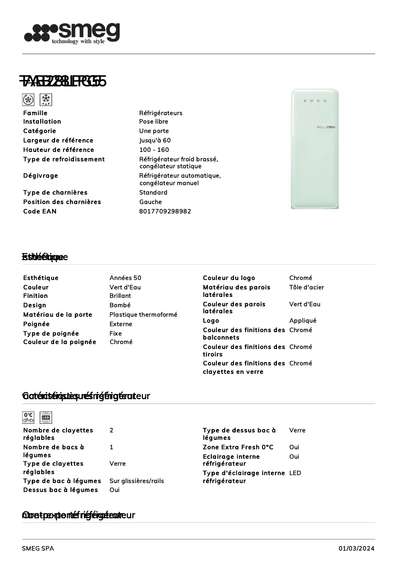 Page 1 de la notice Fiche technique Smeg FAB28LPG5