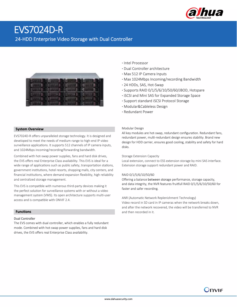 Page 1 de la notice Fiche technique Dahua Technology EVS7024D-R