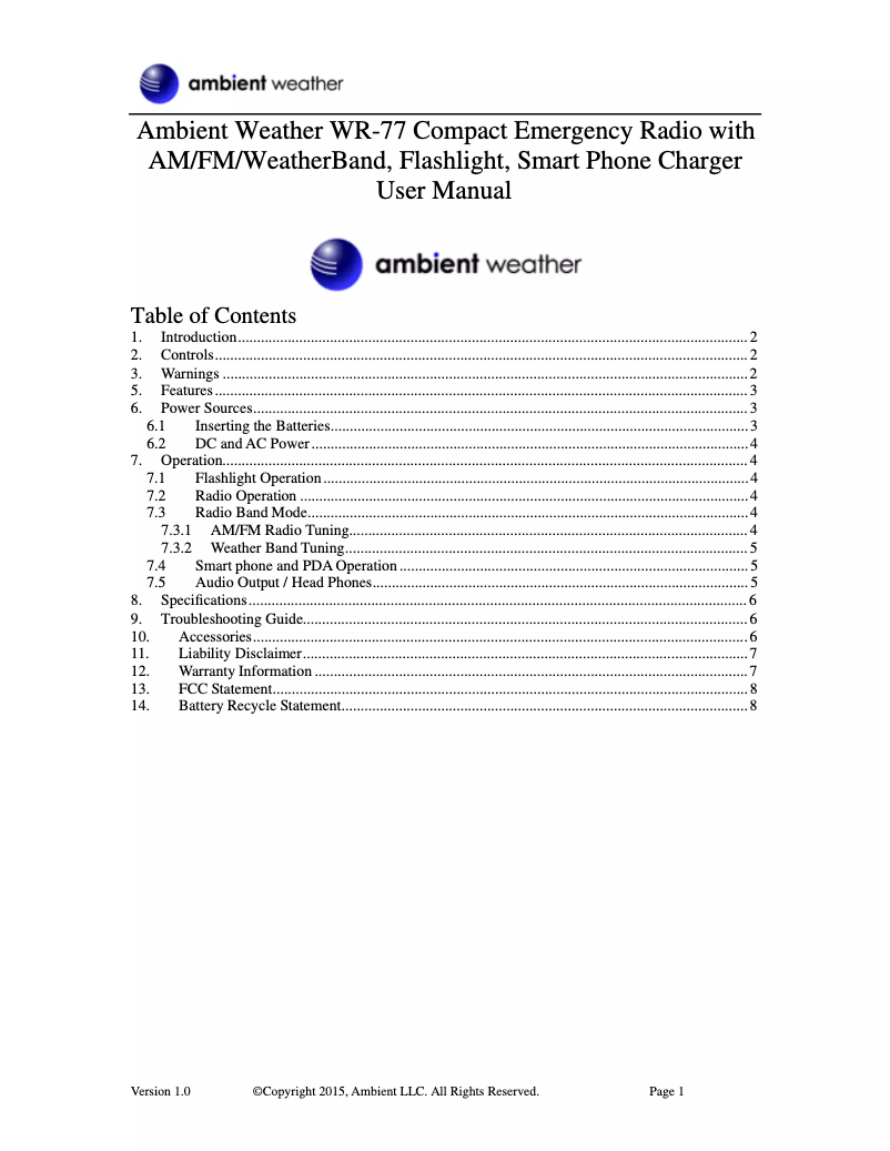 Image de la première page du manuel de l'appareil WR-77