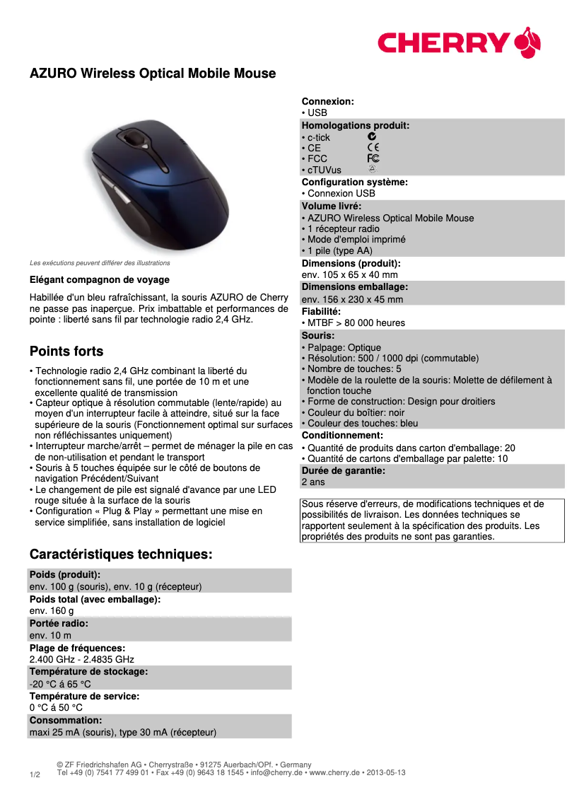 Page 1 de la notice Fiche technique Cherry Auro