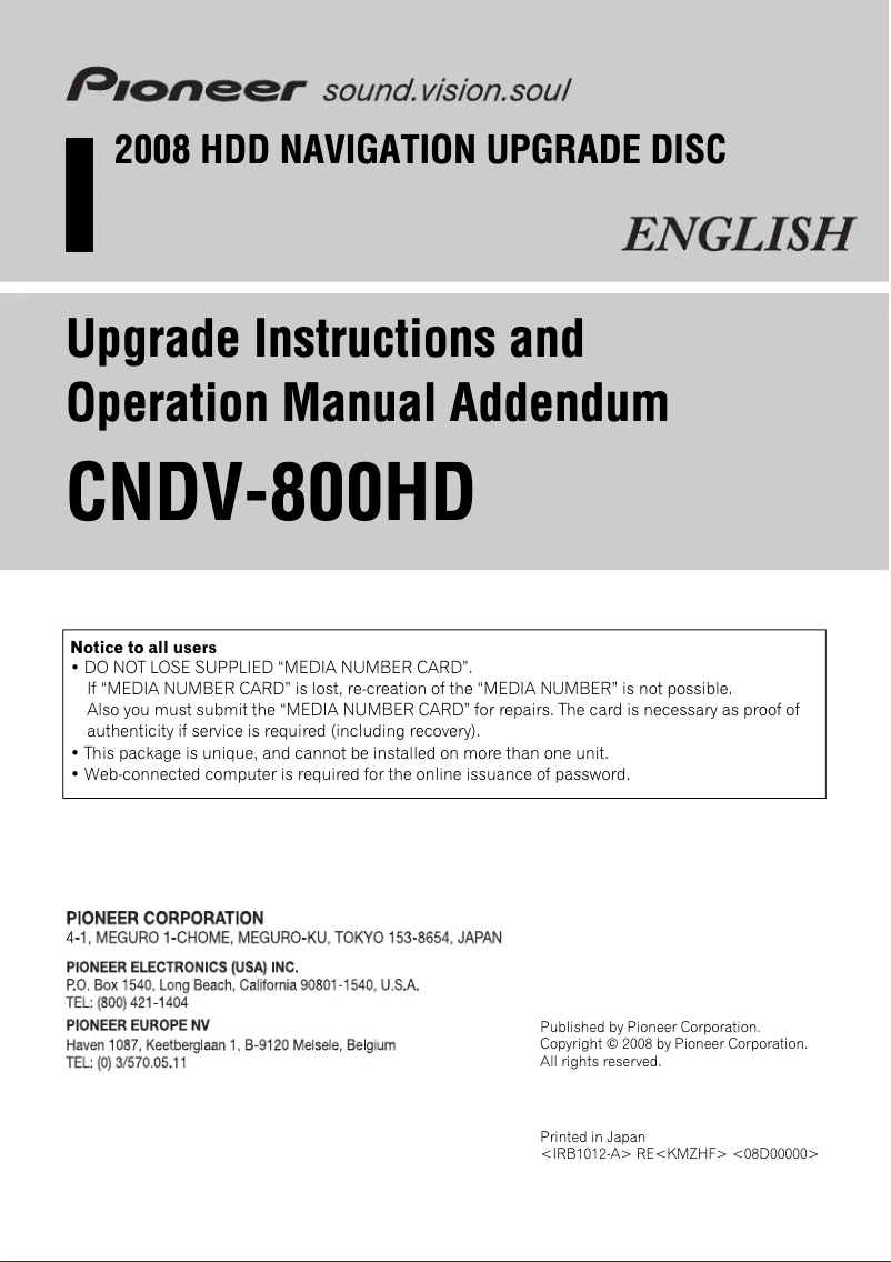 Page 1 de la notice Manuel utilisateur Pioneer CNDV-800HD