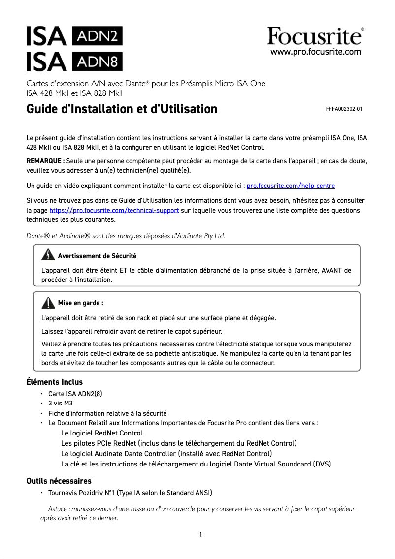 Page 1 de la notice Guide d'installation Focusrite ISA ADN2