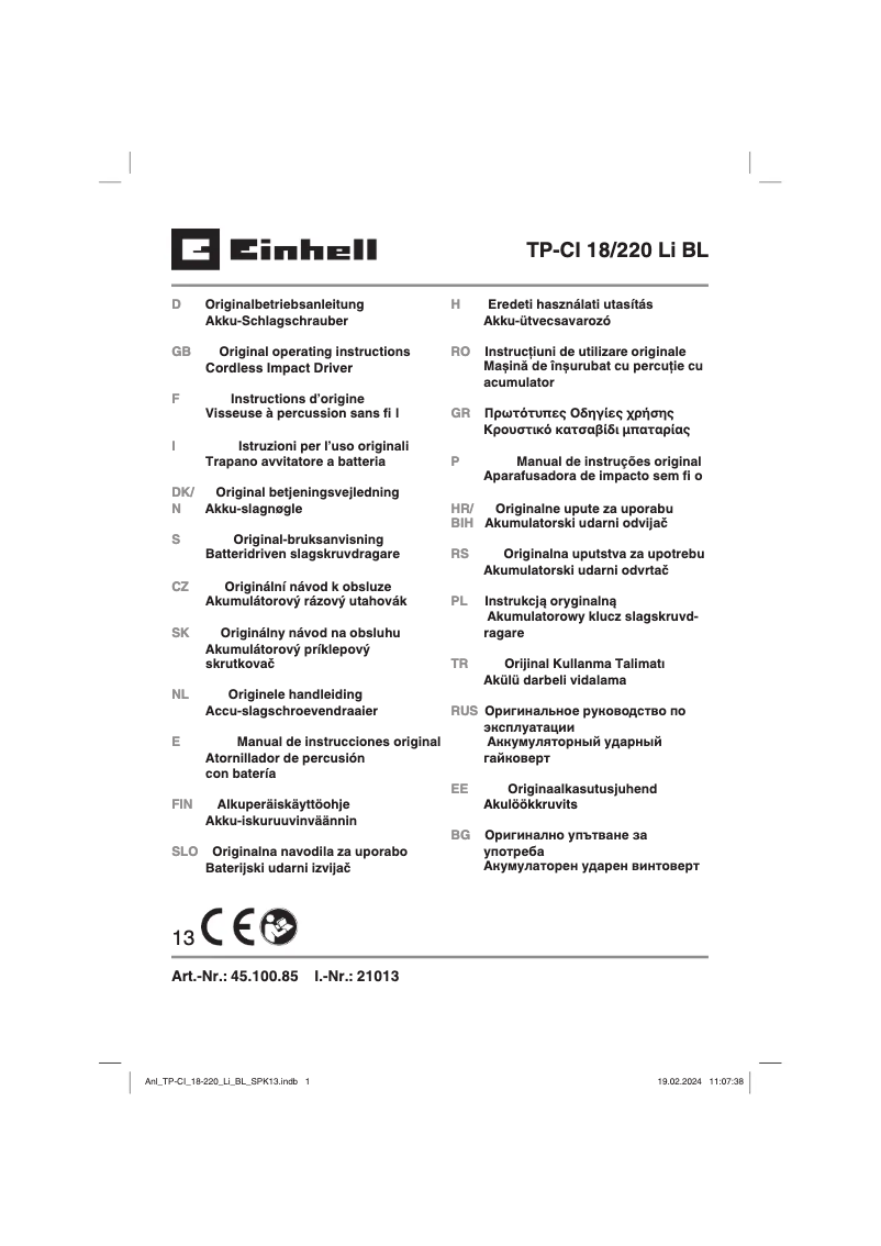 Page 1 de la notice Manuel utilisateur Einhell TP-CI 18/220 Li BL