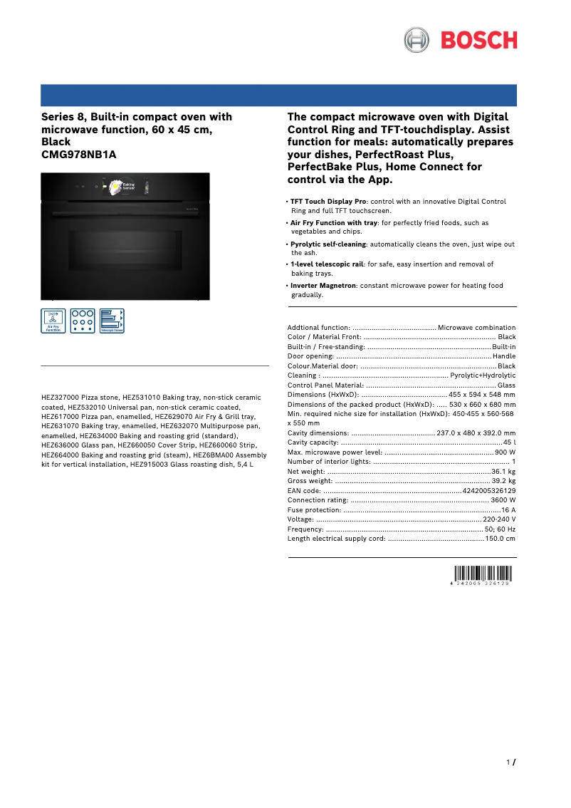 Page 1 de la notice Fiche technique Bosch CMG978NB1A
