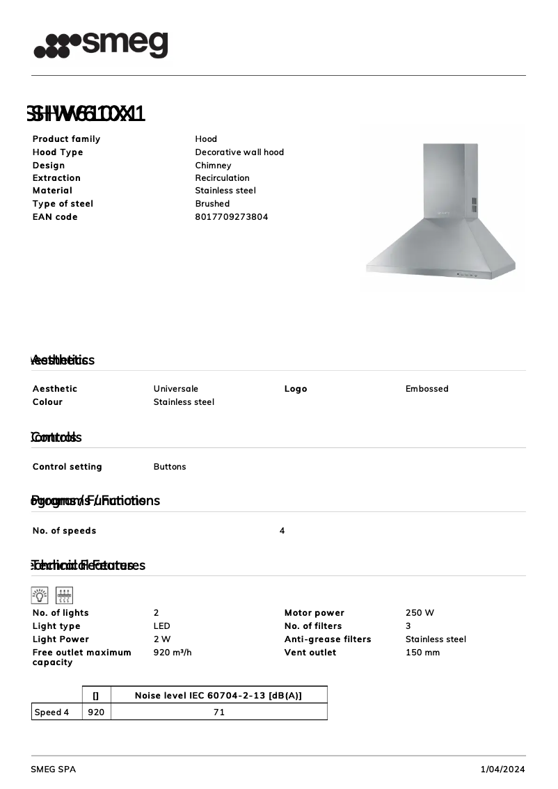 Page n°1 - Fiche technique Smeg SHW610X1