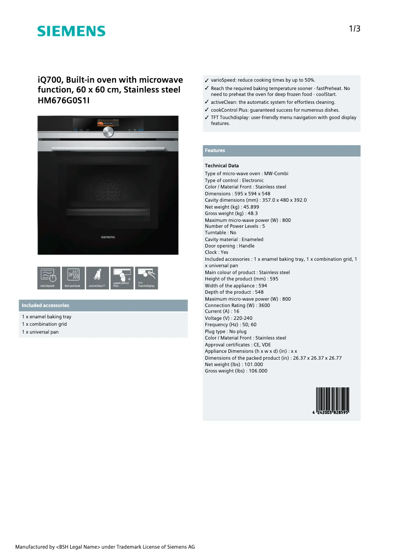 Page n°1 - Fiche technique Siemens HM676G0S1I