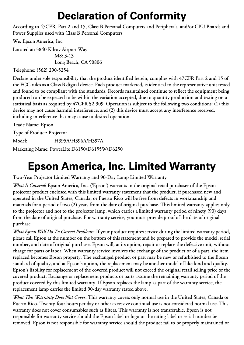 Imagen de la primera página del manual del dispositivo PowerLite D6150