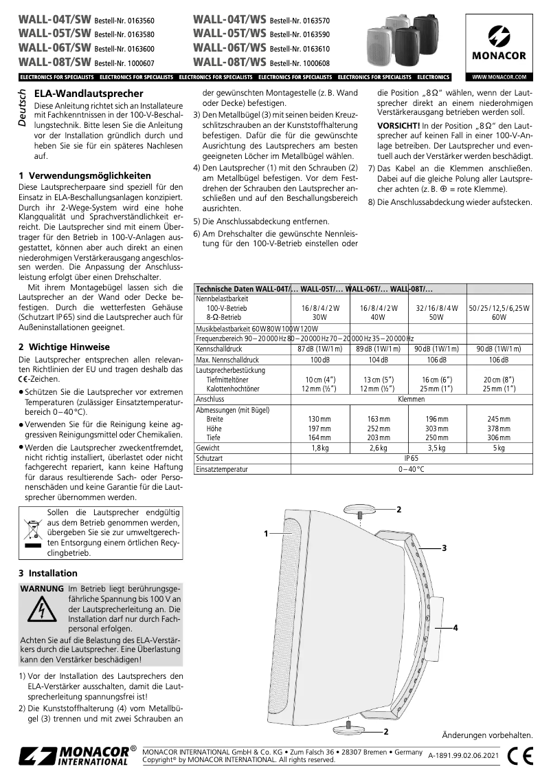 Page 1 de la notice Manuel utilisateur Monacor WALL-05T/WS