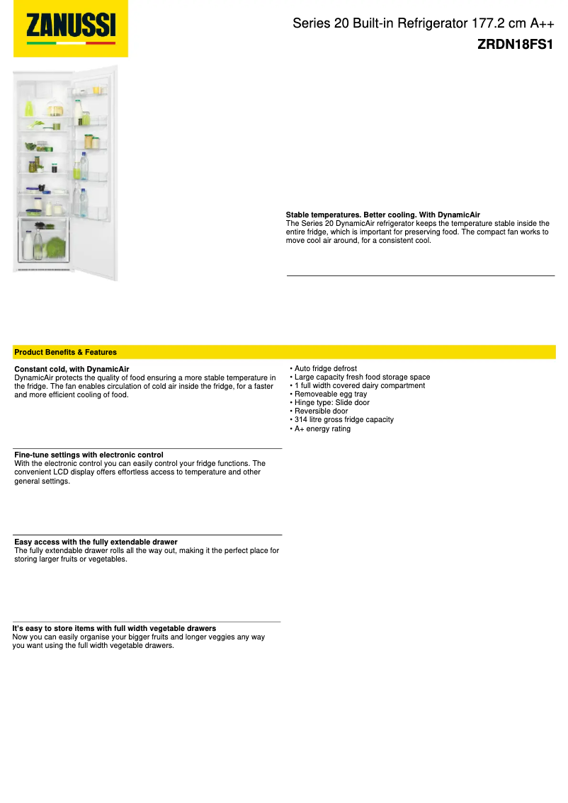 Page 1 de la notice Fiche technique Zanussi ZRDN18FS1