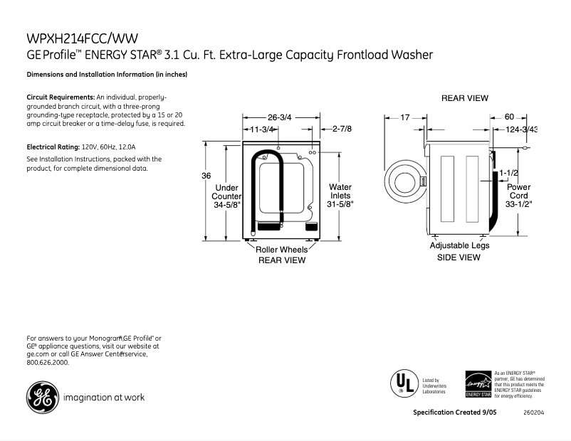 Page n°1 - Fiche technique GE Profile WPXH214FCC