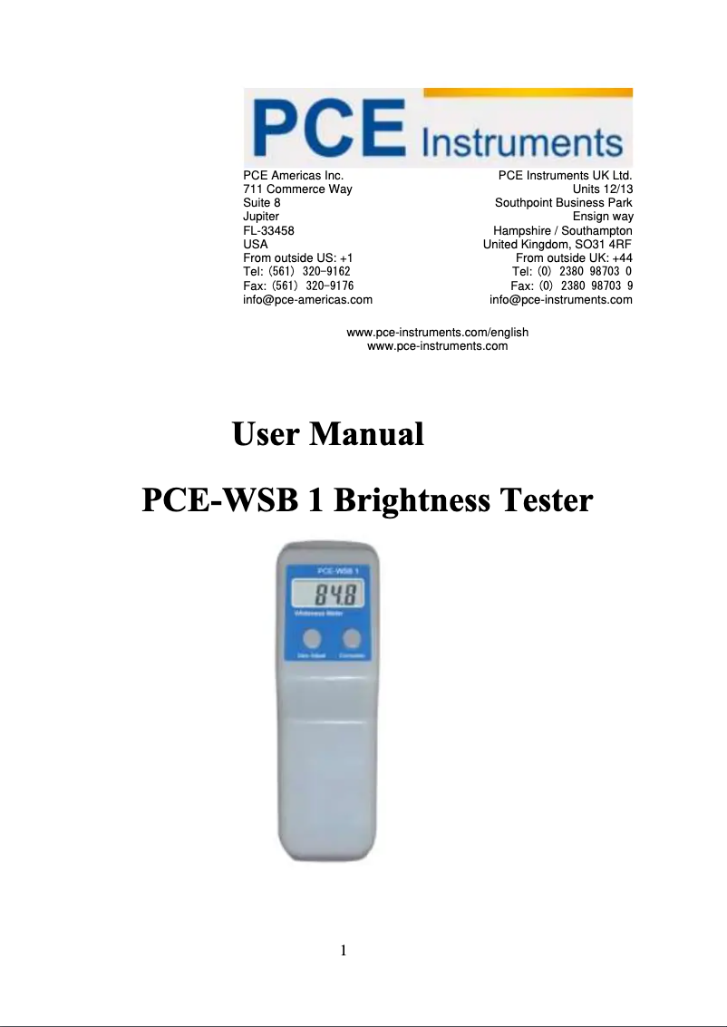 Page n°1 - Manuel utilisateur PCE Instruments PCE-WSB 1